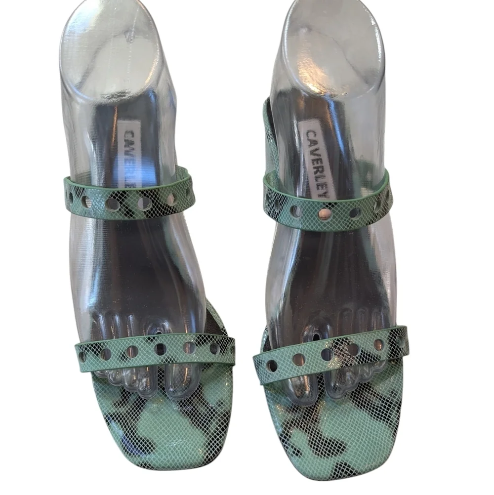 Caverley Slip-On Mule Sandal Green Leather Slide Double Straps Block Heel 37 7